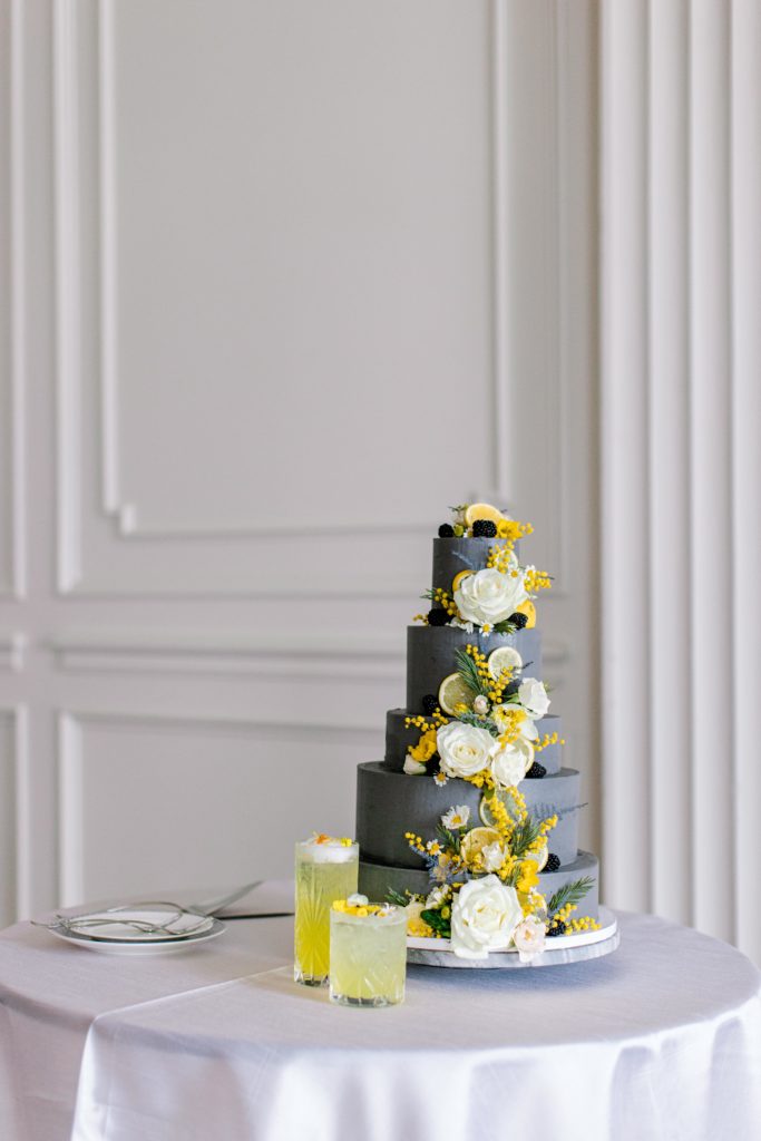Grey and yellow modern wedding cake